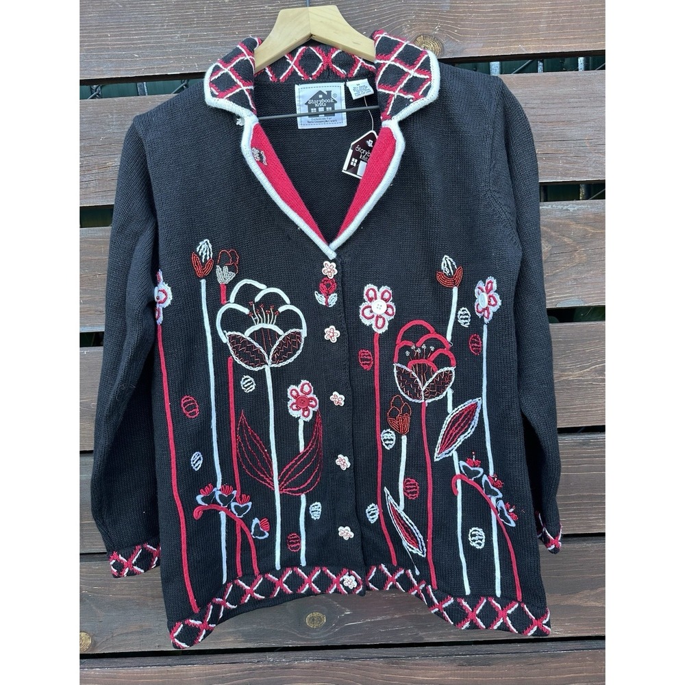 Vtg Storybook Knits Beaded Embroidered Embellished Flower Cardigan Sz M New